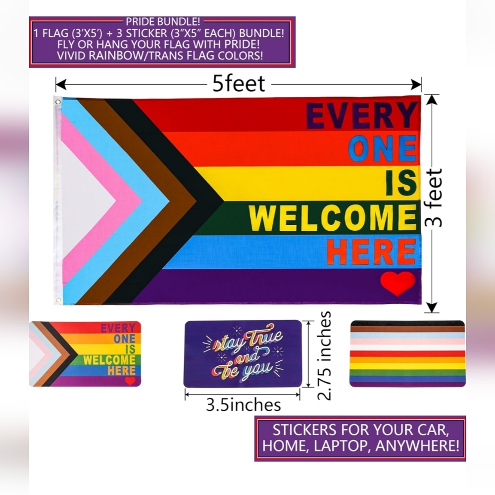 Every One is Welcome Here Progress Pride LGBTQ POC  Transgender 3x5 Flag bundle